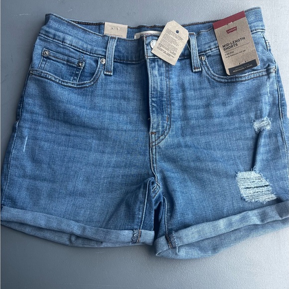 Levi's Blue Distressed Jean Shorts with Rolled Hems - Picture 1 of 3